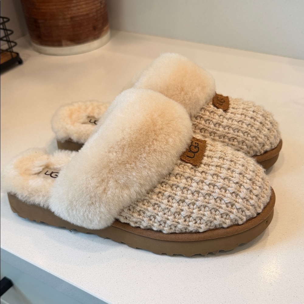 UGG Beige Knit Slippers with Plush Lining